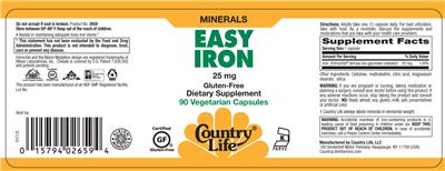 Photo of the Country Life Easy Iron 25 mg label