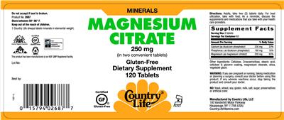 Photo of the Country Life Magnesium Citrate 250 mg label