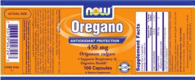 Photo of the NOW Oregano 450 mg label