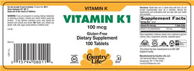 Photo of the Country Life Vitamin K1 100 mcg label