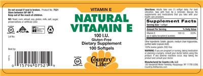 Photo of the Country Life Natural Vitamin E 100 IU label
