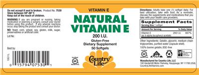 Photo of the Country Life Natural Vitamin E 200 IU label