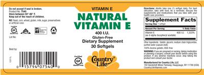 Photo of the Country Life Natural VItamin E 400 IU label