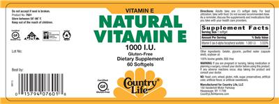 Photo of the Country Life Natural Vitamin E 1000 IU label