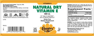 Photo of the Country Life Natural Dry Vitamin E 400 IU label