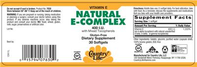 Photo of the Country Life Natural E-Complex 400 IU With Mixed Tocopherols label