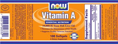 Photo of the NOW Vitamin A 10,000 IU From Fish Liver Oil label