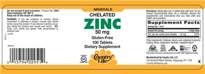 Photo of the Country Life Chelated Zinc 50 mg label