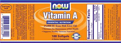 Photo of the NOW Vitamin A 25,000 IU From Fish Liver Oil label