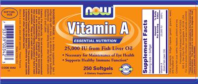 Photo of the NOW Vitamin A 25,000 IU From Fish Liver Oil label