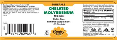 Photo of the Country Life Chelated Molybdenum 150 mcg label