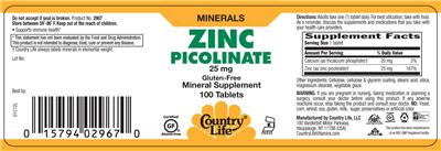 Photo of the Country Life Zinc Picolinate 25 mg label