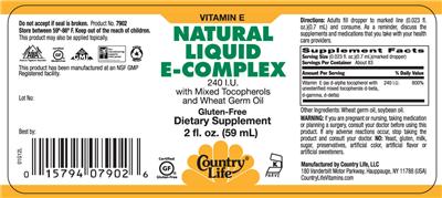Photo of the Country Life Natural Liquid E-Complex 240 IU With Mixed Tocopherols And Wheat Germ Oil label