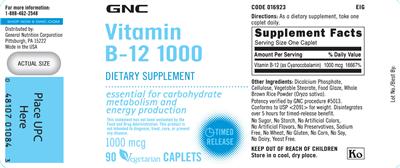 Photo of the GNC Vitamin B-12 1000 mcg Timed Release label