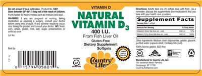 Photo of the Country Life Natural Vitamin D3 400 IU label