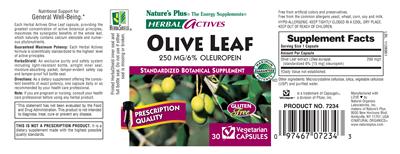 Photo of the Nature's Plus Herbal Actives Olive Leaf 250 MG/6% Oleuropein label