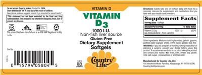 Photo of the Country Life Vitamin D3 1000 IU label