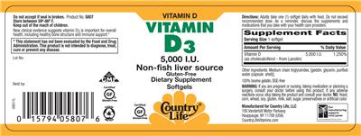 Photo of the Country Life Vitamin D3 5000 IU label