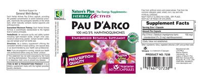 Photo of the Nature's Plus Herbal Actives Pau D'Arco 100 MG/3% Naphthoquinones label