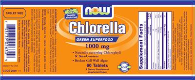 Photo of the NOW Chlorella 1000 mg label