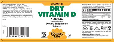 Photo of the Country Life Dry Vitamin D 1000 IU label