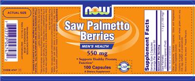 Photo of the NOW Saw Palmetto Berries 550 mg label