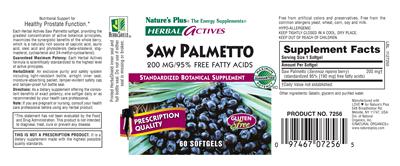 Photo of the Nature's Plus Herbal Actives Saw Palmetto 200 mg/95 % Free Fatty Acids label