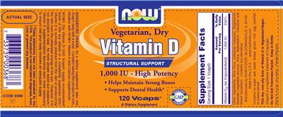 Photo of the NOW Vegetarian, Dry Vitamin D 1,000 IU label