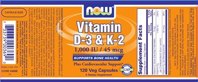 Photo of the NOW Vitamin D-3 & K-2 1,000 IU / 45 mcg label