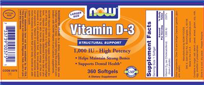 Photo of the NOW Vitamin D-3 1,000 IU label