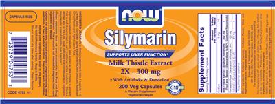 Photo of the NOW Silymarin Milk Thistle Extract 2X - 300 mg with Artichoke & Dandelion label