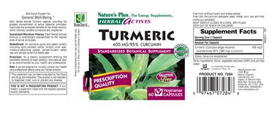 Photo of the Nature's Plus Herbal Actives Turmeric 400 MG/95% Curcumin label