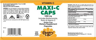 Photo of the Country Life Maxi-C Caps 1000 mg label