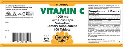 Photo of the Country Life Vitamin C 1000 mg label