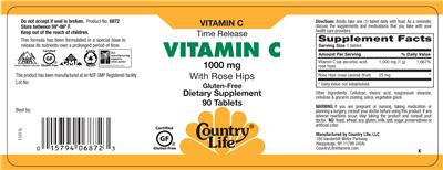 Photo of the Country Life Time Release Vitamin C 1000 mg With Rose Hips label