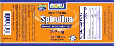 Photo of the NOW 100% Natural Spirulina 500 mg label