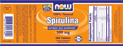 Photo of the NOW 100% Natural Spirulina 500 mg label