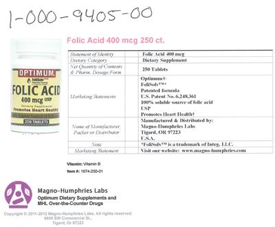 Photo of the Optimum Folic Acid 400 mcg USP label