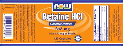 Photo of the NOW Betaine HCl 648 mg With 150 mg Of Pepsin label