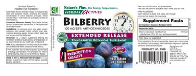 Photo of the Nature's Plus Herbal Actives Bilberry 100 mg Extended Release label
