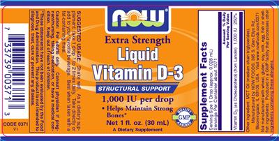 Photo of the NOW Extra Strength Liquid Vitamin D-3 label