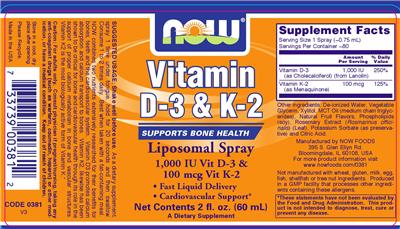 Photo of the NOW Vitamin D-3 & K-2 Liposomal Spray label