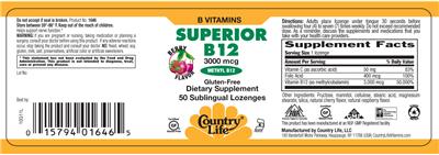 Photo of the Country Life Superior B12 3000 mcg Berry Flavor label