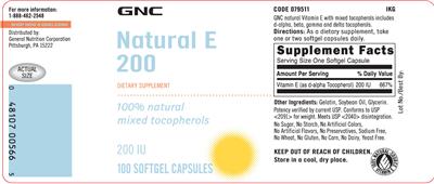 Photo of the GNC Natural E 200 label