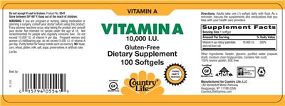 Photo of the Country Life Vitamin A 10,000 IU label