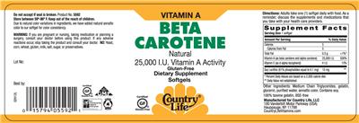 Photo of the Country Life Beta Carotene Natural 25,000 IU Vitamin A Activity label