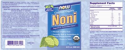 Photo of the NOW Certified Organic Noni label