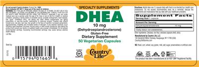 Photo of the Country Life DHEA 10 mg (Dehydroepiandrosterone) label
