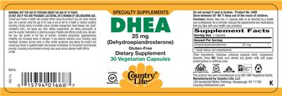 Photo of the Country Life DHEA 25 mg (Dehydroepiandrosterone) label