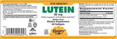 Photo of the Country Life Lutein 20 mg label
